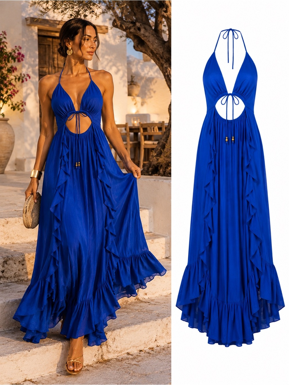 Free People Yvette Maxi Dress Size XS Cobalt Blue Cutout Ruffle Halter Boho